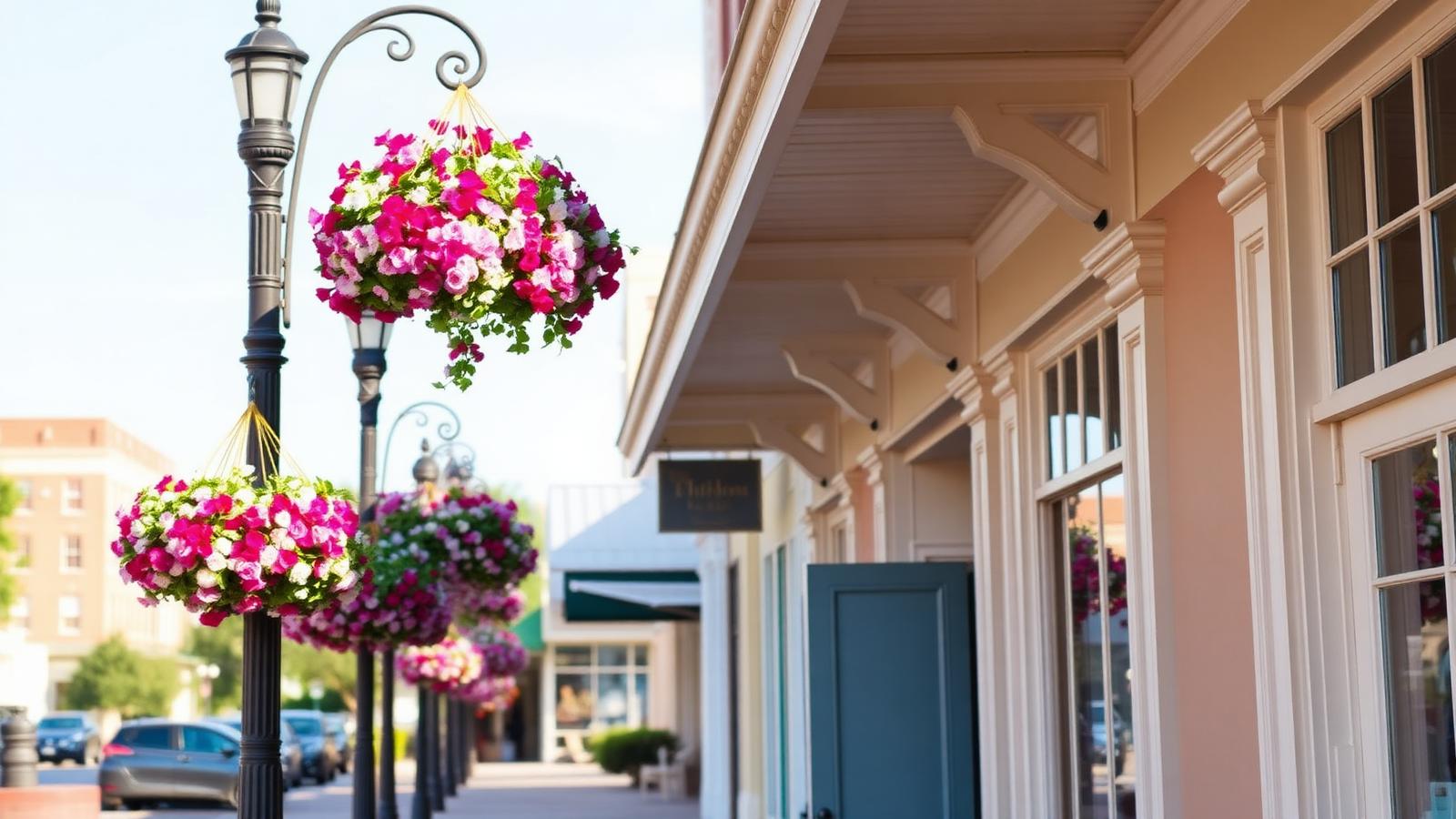 Downtown Fairhope, Alabama storefronts with hanging flower baskets