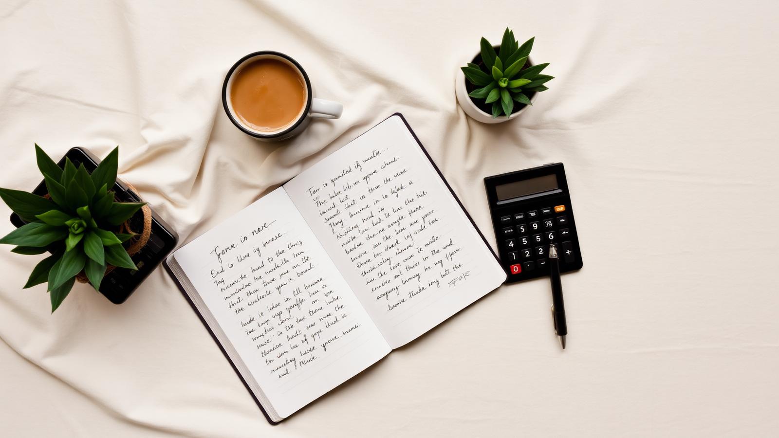 Notebook, coffee, and calculator on a cream desk